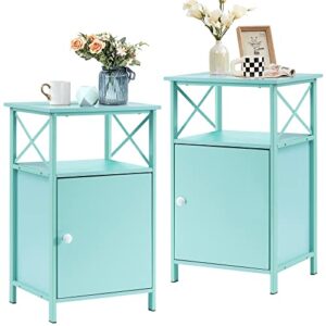 vecelo tall side storage, large capacity bedside nightstand for living room, bedroom,office,easy to assemble,set of 2, end table with cabinet, teal