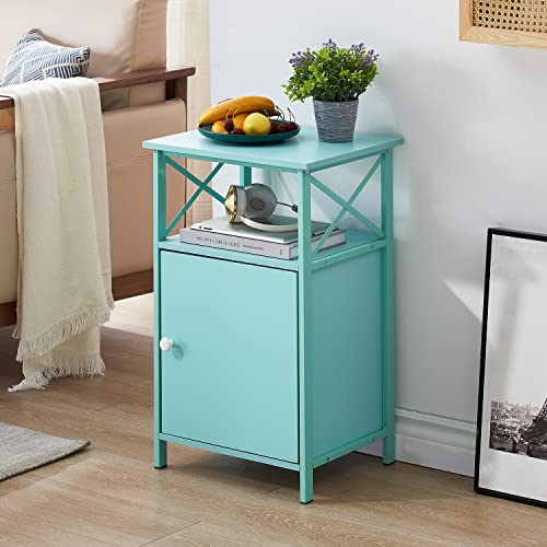 VECELO Tall Side Storage, Large Capacity Bedside Nightstand for Living Room, Bedroom,Office,Easy to Assemble,Set of 2, End Table with Cabinet, Teal