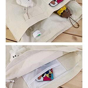 Kehpish Economical Cotton Tote Bag, Reusable Womens Canvas Tote Bag with 3 External Pocket, Top Zipper Closure White