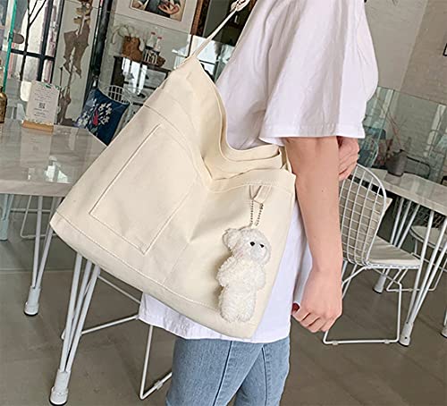 Kehpish Economical Cotton Tote Bag, Reusable Womens Canvas Tote Bag with 3 External Pocket, Top Zipper Closure White