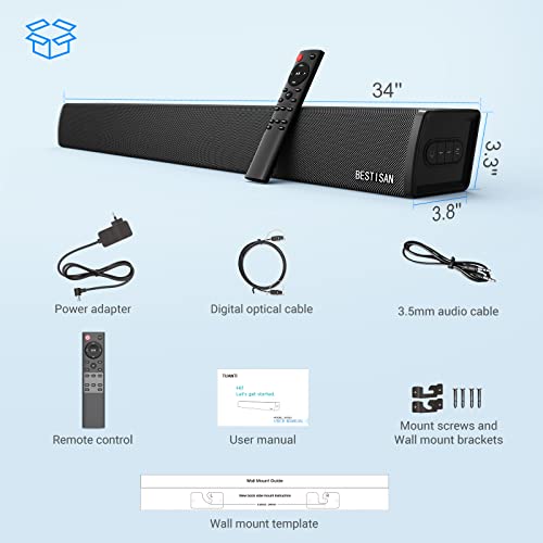 Bestisan TV Speaker, Sound Bar for TV with Bluetooth, Optical, HDMI-ARC and AUX Connectivity,34 inch 100W, Includes Remote Control