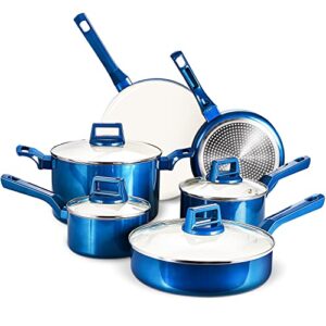 10 pcs pots and pans sets, nonstick cookware set, induction pan set, chemical-free kitchen sets, saucepan, saute pan with lid, frying pan, blue