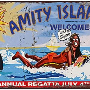 Rosefinch Stone Retro Funny Metal Sign Sheet Signs Tin Sign,Welcome to Amity Island，surf Girl Outdoor Home Wall Decoration, Size:8 x 12