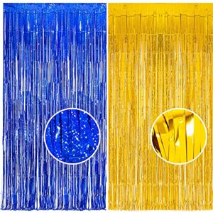 BRAVESHINE 3.2 ft x 8.2 ft Tinsel Foil Fringe Curtains Metallic Photo Booth Backdrops Party Supplies for Birthday Wedding Christmas Bridal Bachelorette Holiday Decorations - 2 Navy Blue + 2 Pure Gold