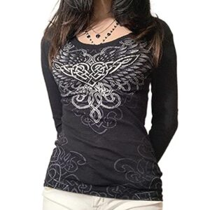 women vintage floral print crop top long sleeve y2k tshirt slim fit blouse tee 90s e-girl streetwear（b wings ，s）