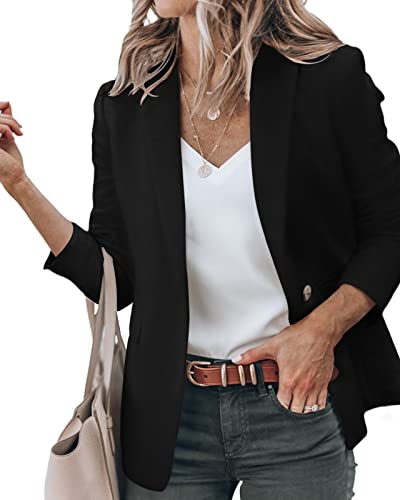 Newffr Women's Casual Blazer Long Sleeve Open Front Work Office Jacket with Pockets (as1, Alpha, s, Regular, Regular, Black)