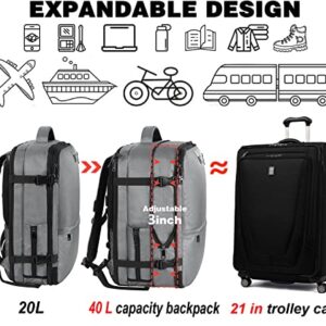 Carry on Travel Backpack, 40L-50L Airplane Flight Approved Backpack for Women Men, Extra Large Expandable Water Resistant Luggage Backpack Daypack Perfect Fit for 17 17.3 18 18.4 Inch Laptop, Grey