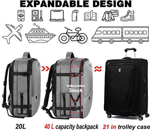 Carry on Travel Backpack, 40L-50L Airplane Flight Approved Backpack for Women Men, Extra Large Expandable Water Resistant Luggage Backpack Daypack Perfect Fit for 17 17.3 18 18.4 Inch Laptop, Grey
