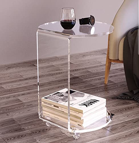 ONELUX C-Shaped Round Acrylic Side Sofa Table on Wheels,Clear Rolling Decoration Table for Living Room or Bedroom