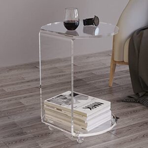 ONELUX C-Shaped Round Acrylic Side Sofa Table on Wheels,Clear Rolling Decoration Table for Living Room or Bedroom