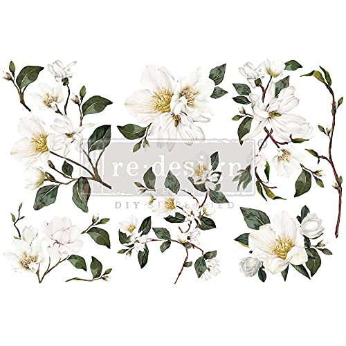 Prima Redesign White Magnolia 6”X12” Transfer Plus Free Tips & Tricks Flyer, Prima Redesign, cream, green