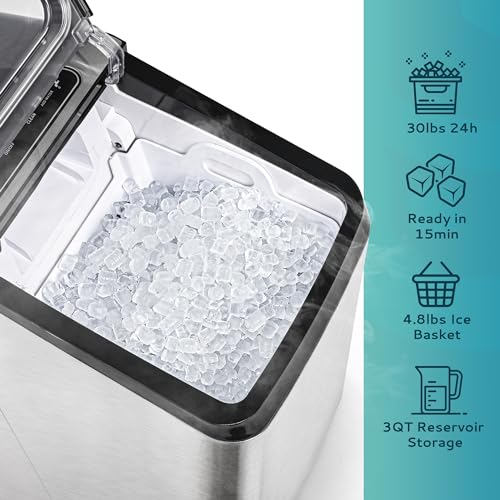 EUHOMY Nugget Ice Maker Countertop, 30lbs/Day, 2 Way Water Refill, Self-Cleaning Pebble Machine with 3Qt Reservoir, Ideal for Home, Office, Bar, and Party. (Silver)