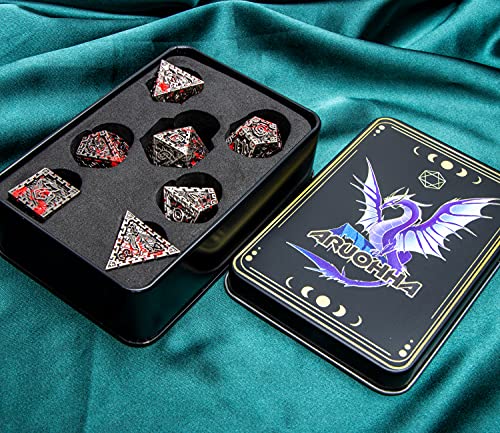 ARUOHHA DND Metal Dice Set with Gift Box, 7pcs Blood Polyhedral Dice Set Large Dungeons and Dragons D&D Dice RPG D+D Role Playing Dice 6 Sided Handmade D and D Dice D20 D12 D10 D8 D6 D4