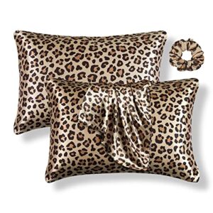 2 pack satin pillowcase for hair and skin, leopard print with envelope closure, satin silk pillow cases 20x36 inches/king size