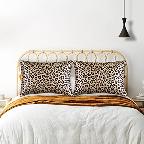 2 Pack Satin Pillowcase for Hair and Skin, Leopard Print with Envelope Closure, Satin Silk Pillow Cases 20x36 inches/King Size