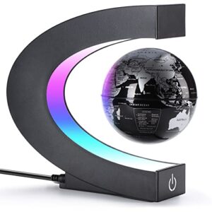 floating globe with led lights and touch switch c shape magnetic levitation floating globe world map for desk decoration (black_silver)