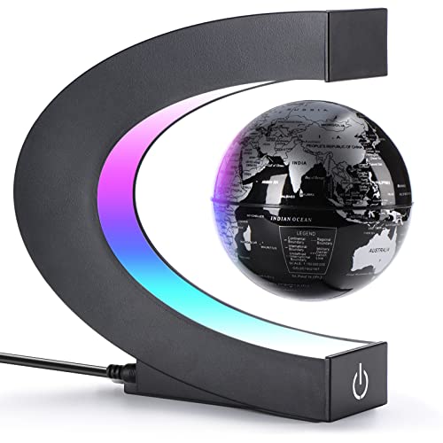 Floating Globe with LED Lights and Touch Switch C Shape Magnetic Levitation Floating Globe World Map for Desk Decoration (Black_Silver)