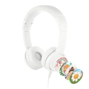 onanoff buddyphones explore+, volume-limiting kids headphones, foldable and durable, built-in audio sharing cable with in-line mic, best for kindle, ipad, iphone and android devices, snow white