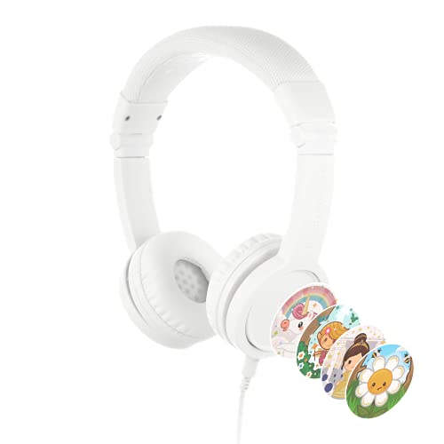 ONANOFF BuddyPhones Explore+, Volume-Limiting Kids Headphones, Foldable and Durable, Built-in Audio Sharing Cable with in-Line Mic, Best for Kindle, iPad, iPhone and Android Devices, Snow White