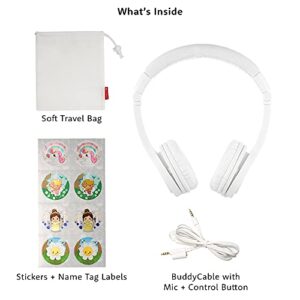 ONANOFF BuddyPhones Explore+, Volume-Limiting Kids Headphones, Foldable and Durable, Built-in Audio Sharing Cable with in-Line Mic, Best for Kindle, iPad, iPhone and Android Devices, Snow White