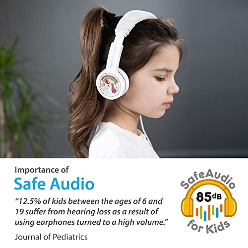 ONANOFF BuddyPhones Explore+, Volume-Limiting Kids Headphones, Foldable and Durable, Built-in Audio Sharing Cable with in-Line Mic, Best for Kindle, iPad, iPhone and Android Devices, Snow White
