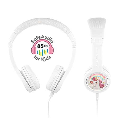 ONANOFF BuddyPhones Explore+, Volume-Limiting Kids Headphones, Foldable and Durable, Built-in Audio Sharing Cable with in-Line Mic, Best for Kindle, iPad, iPhone and Android Devices, Snow White