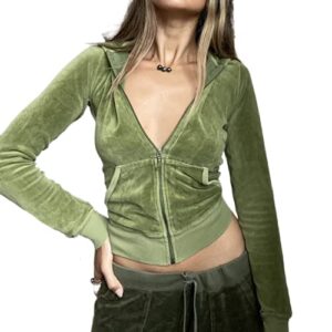 kmbangi zip up crop hoodies for women vintage graphic hooded pullover y2k oversized drawstring sweatshirt jacket with pockets(h velvet green,s)
