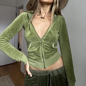 KMBANGI Zip Up Crop Hoodies for Women Vintage Graphic Hooded Pullover Y2k Oversized Drawstring Sweatshirt Jacket with Pockets(H Velvet Green,S)