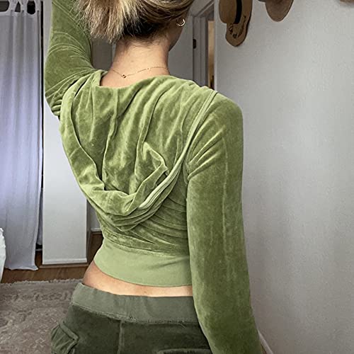 KMBANGI Zip Up Crop Hoodies for Women Vintage Graphic Hooded Pullover Y2k Oversized Drawstring Sweatshirt Jacket with Pockets(H Velvet Green,S)