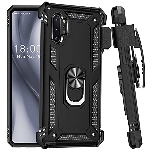 for Samsung Galaxy Note 10 Plus Case with Belt Clip Holster Ring Holder, Military Grade Protection Cover[Fit for Magnetic Car Mount] Shockproof Anti Scratch Case for Galaxy Note 10 + (Black)