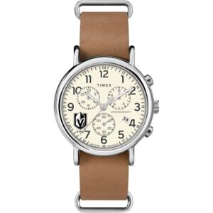 timex tribute men's nhl weekender chrono 40mm watch – vegas golden knights with tan genuine leather slip-thru strap
