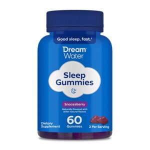 dream water sleep gummies; melatonin 5mg, gaba, 5-htp; natural flavors and colors; helps you to fall asleep, fast and wake refreshed, snoozeberry, 60 gummies