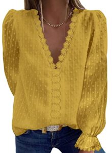 diukia women's fashion cute swiss dot pom pom puff long sleeve pullover blouses summer sexy lace trim v neck blouse tops ladies casual loose solid chiffon shirts blouses for autumn spring yellow xl