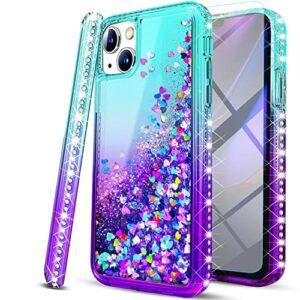iphone 13 mini case, [with tempered glass screen protector included], starshop liquid bling sparkle floating glitter quicksand phone case girls women cute for iphone 13 mini - teal/purple