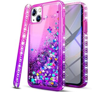 iphone 13 mini case, [with tempered glass screen protector included], starshop liquid bling sparkle floating glitter quicksand phone case girls women cute for iphone 13 mini - pink/purple