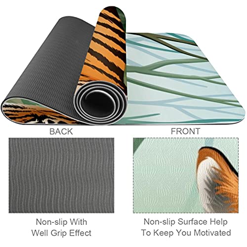 Thick Non Slip Exercise & Fitness 1/4 yoga mat with Scary Tiger Rest At The Forest Print for Yoga Pilates & Floor Fitness Exercise (61x183cm)