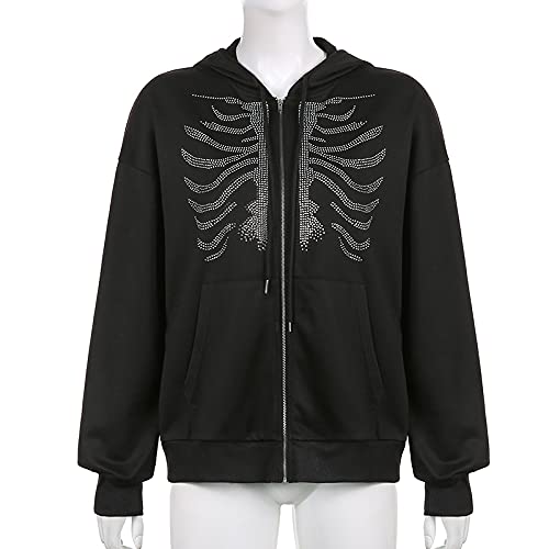 Fernvia Women Zip Up Hoodie Rhinestone Skeleton Goth Clothes Vintage Oversized Sweatshirt Print Jacket Streetwear Coat