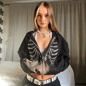 Fernvia Women Zip Up Hoodie Rhinestone Skeleton Goth Clothes Vintage Oversized Sweatshirt Print Jacket Streetwear Coat