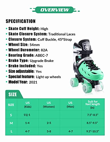 METROLLER Roller Skates for Girls and Boys Teens, Adjustable 4 Sizes for Kids Toddler Rollerskates with Light up Wheels, for Youth Women and Men