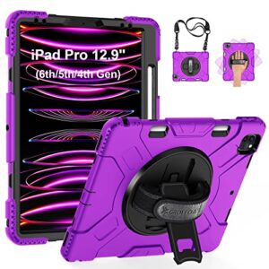 groleoa for ipad pro 12.9 inch case 2022/2021 (6th 5th generation): military grade full-body protective cover case for ipad pro 12.9 6th/5th gen - rotating stand - hand/shoulder strap, purple