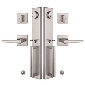 NEWBANG Brushed Nickel Double Door Handle Set,(Keyed and Dummy Set),MDHST2016SN-SET-BR-1