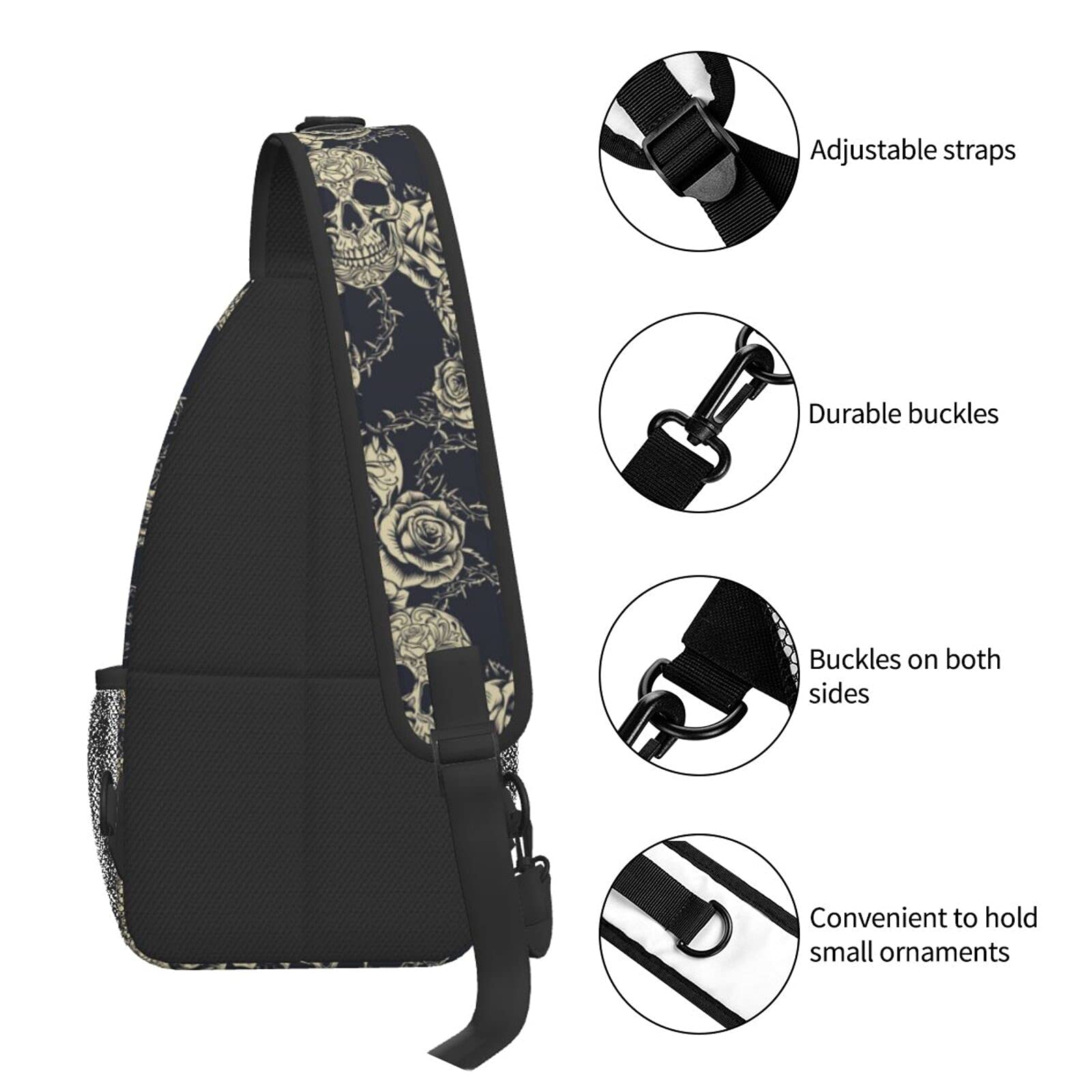 YANGDADA Skull and Roses Sling Bag for Women Men Crossbody Bags Travel Hiking Lightweight Daypack Shoulder Backpack for Cycling Fitness