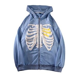 women zip up hoodies goth skeleton rib cage graphics y2k harajuku novelty sweatshirt blue