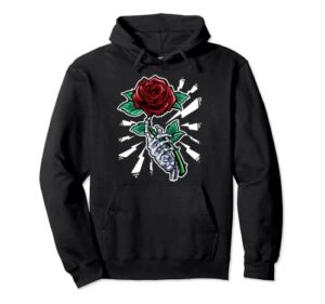 tattoo skeleton hand red rose flower pullover hoodie