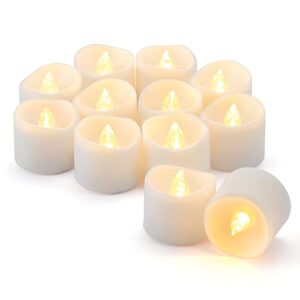 singtok 12pcs candles battery operated with timer realistic electric fake candle flickering flameless led tea light with melted wave open for seasonal & festival celebration centerpieces (warm white)