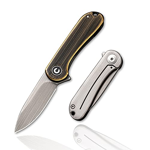 CIVIVI Mini Elementum Flipper Pocket Knife, Small folding Knife with 1.83" 14C28N Blade, Brass and Stainless Steel Handle C18062Q-1