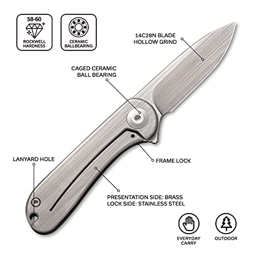 CIVIVI Mini Elementum Flipper Pocket Knife, Small folding Knife with 1.83" 14C28N Blade, Brass and Stainless Steel Handle C18062Q-1