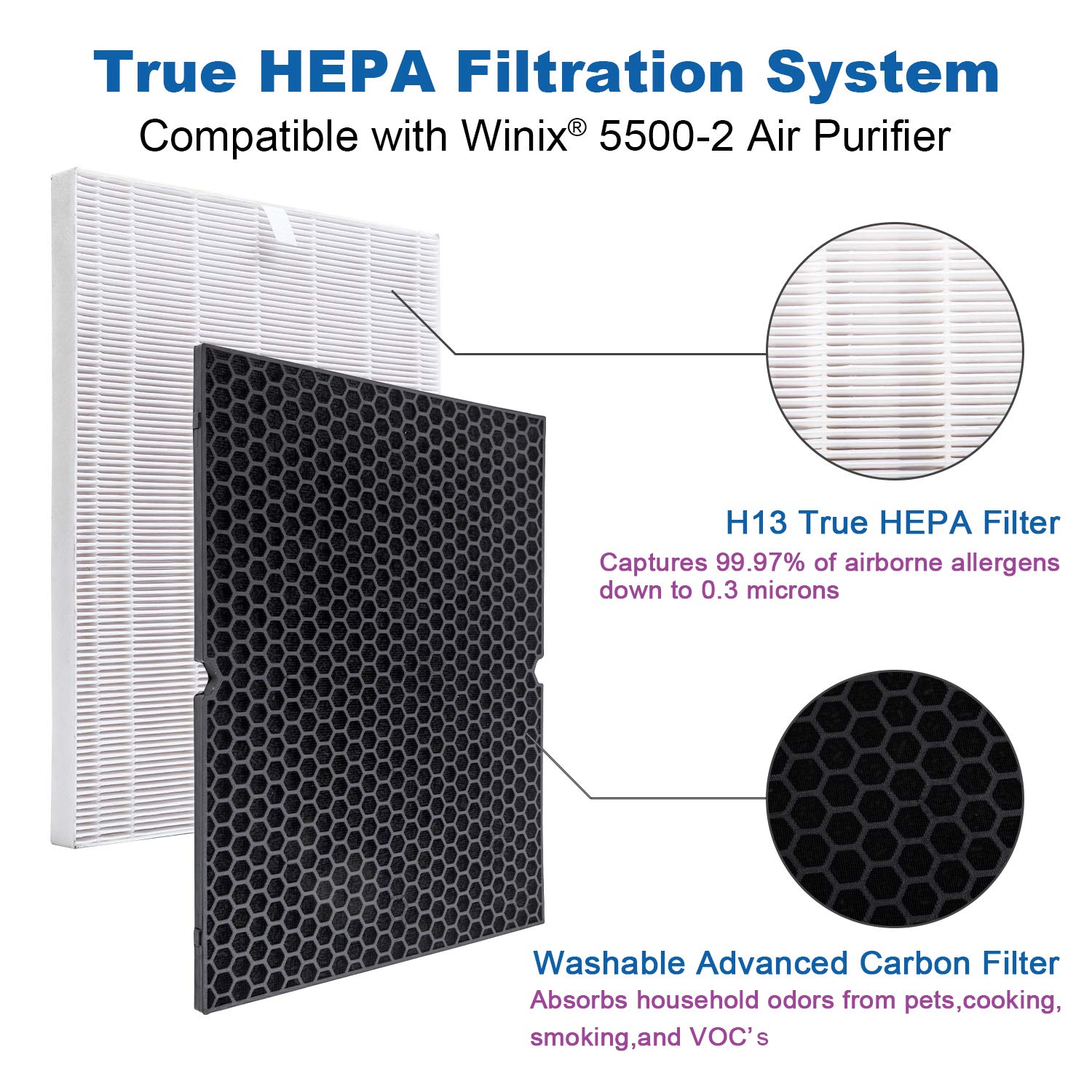 Flintar 116130 True HEPA Replacement Filter H, Compatible with Winix 5500-2 Air Purifier, Premium H13 Grade True HEPA and Washable Advanced Carbon Filter, Part # 116130, H Filter, 2-Pack