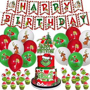 grinch christmas birthday decorations,happy birthday banner,holiday cake decoration,grinch cupcake toppers,the-grinch christmas balloons for party,christmas theme party supplies,winter festival feast decorations