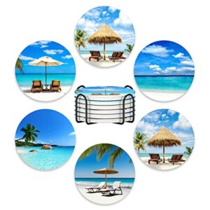 Nipichsha Coasters for Drinks, Set of 6 Beach Style Absorbent Ceramic Coasters with Holder and Cork Base, Cute Stone Drink Coasters for Cup Kitchen Home Decor Housewarming Gift, Round 4", Happy Beach